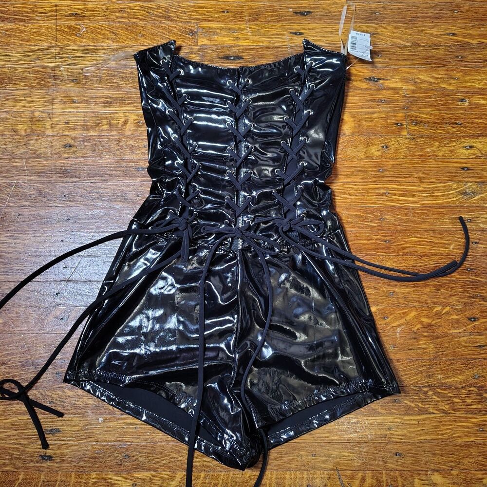 Sexy Goth Faux Patent Leather Romper Corset Front Cat Woman NWTS Size Small